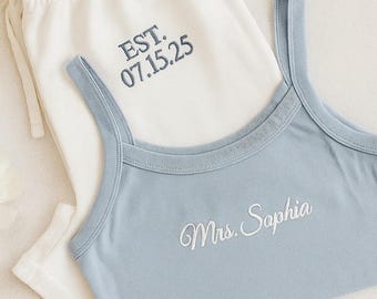 Custom Embroidered Spaghetti Strap Tank Top, Mrs. Tank, Bride T-Shirt, Bridal Shower Gift, Bridal Tank Top, Mrs. Baby Tee And Shorts
