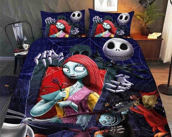 Ropa de cama de Halloween de Jack y Sally, funda nórdica de Jack y Sally, ropa de cama de Jack Skellington, juego de cama de película de terror, decoración de dormitorio