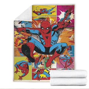 Spider-Man Blanket, Marvel Superhero Throw, Retro Spiderverse Fleece Blanket, Spidey Gift for Boys, Cozy Hero Bedding, Disney Blankets