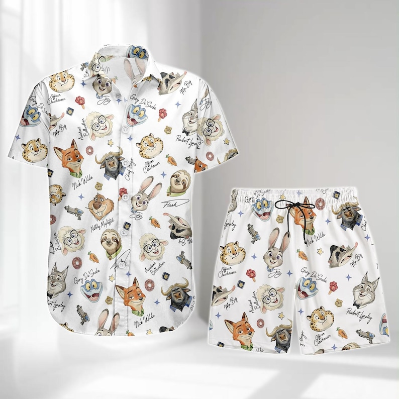 Disney Zootopia 2 Button Shirt, Funny Animal Kingdom Hawaiian Shirt, Nick Wilde And Judy Hopps Aloha Shirt, Summer Shorts Men