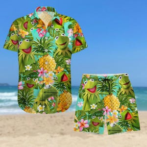 Kermit The Frog Button Shirt, Muppet Hawaiian Short, Muppet Hawaiian Shirt, Vintage Show Shirt, Kermit Vacation Shirt, Gift For Gamer
