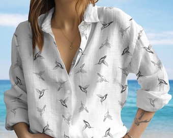 Hummingbird Sketch Blouse Shirt, Elegant Minimal Bird Women Shirt, Nature Lovers Shirt, Cute Bird Casual Shirt, Birthday Gift For Her