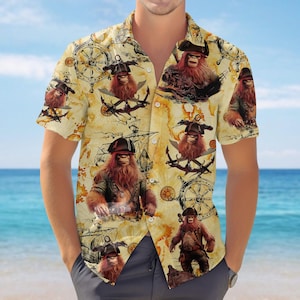 Bigfoot Pirate Button Shirt, Funny Treasure Map Compass Shirt, Cryptid Beach Party Hawaiian Shirt, Adventure Vacation Gift Shirt