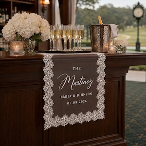 Custom Lace Sheer Wedding Table Runner, Personalized Reception Bar Banner, Bridal Shower Sign, Engagement Party Sign, Wedding Decor