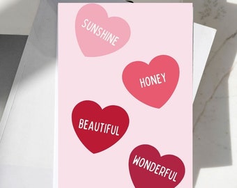 Pink Heart Valentines Day Gift Card for her&him, Sweet heart greeting card for wife/husband, honey, sunshine, beautiful printable card