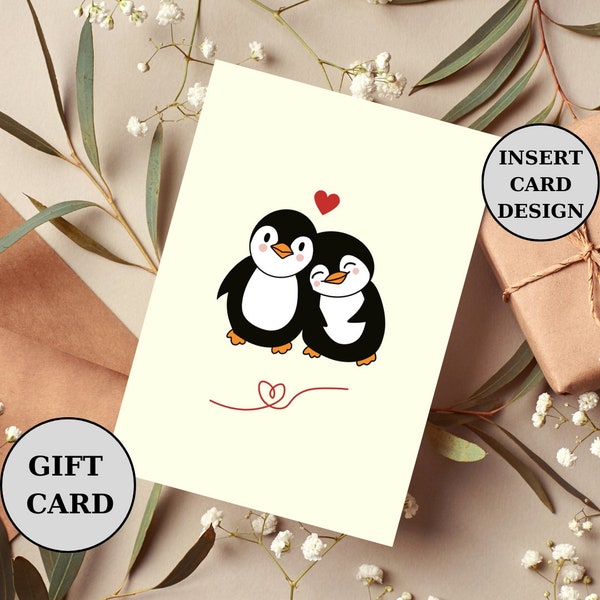 penguin sweety love gift card for her, greeting card classroom girlfriend or boyfriend, digital printable card, cute pet painting for room