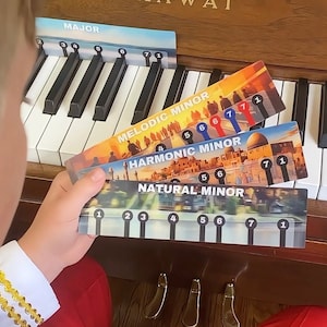 May include: A child is learning about musical scales using colourful cards with images and numbers. The cards show the scales for major, melodic minor, harmonic minor, and natural minor.