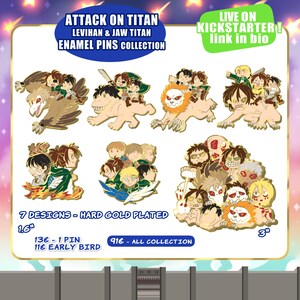Puede incluir: Una colecci&oacute;n de siete pines de esmalte chapados en oro duro con personajes y criaturas de Attack on Titan. Los pines incluyen varios dise&ntilde;os, con el m&aacute;s grande midiendo 7,6 cm. El texto en la imagen dice "Attack on Titan" y "Live on Kickstarter!"