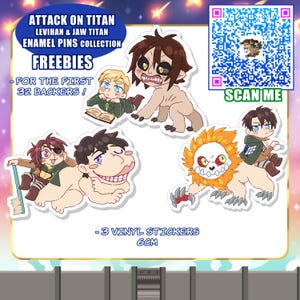 Puede incluir: Colecci&oacute;n de pines de esmalte y pegatinas de vinilo de Attack on Titan. La imagen presenta personajes de dibujos animados, incluyendo a Eren y Levi. El texto incluye "FREEBIES" y "3 VINYL STICKERS 6CM". Tambi&eacute;n hay un c&oacute;digo QR.