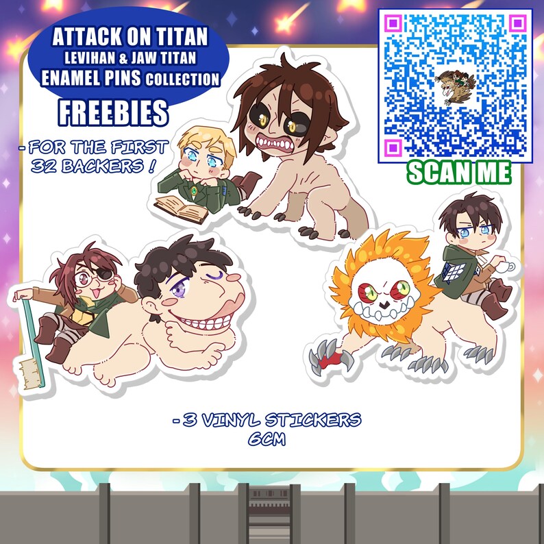 Puede incluir: Colecci&oacute;n de pines de esmalte y pegatinas de vinilo de Attack on Titan. La imagen presenta personajes de dibujos animados, incluyendo a Eren y Levi. El texto incluye "FREEBIES" y "3 VINYL STICKERS 6CM". Tambi&eacute;n hay un c&oacute;digo QR.