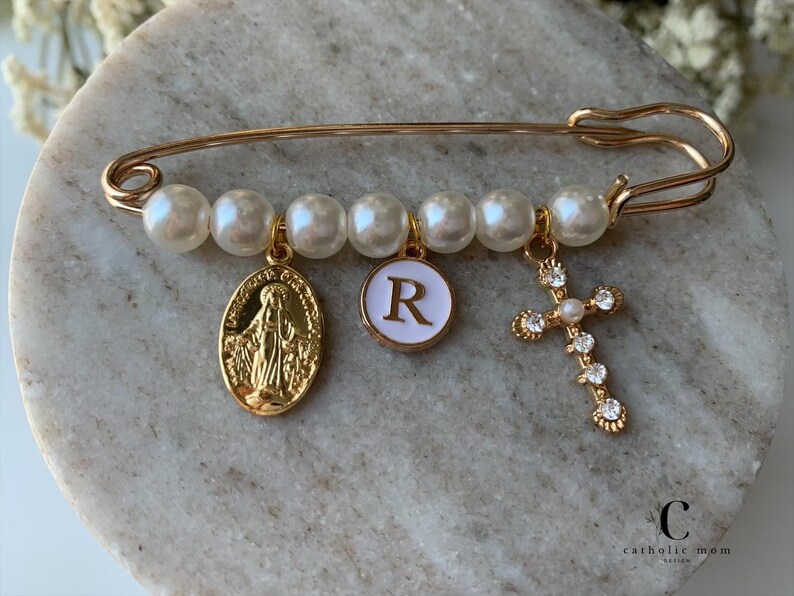 Gold Pearl Miraculous Medal | Baptism Pin Personalized | Catholic Baby ...