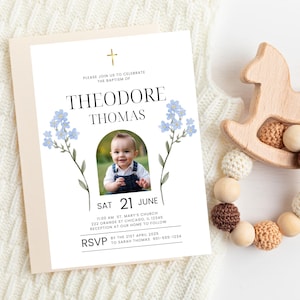 Wildblumen-Taufeinladung Jungen Blau, Canva Bearbeitbar Einladen, Katholische Christliche Blumentaufkartenvorlage 5x7