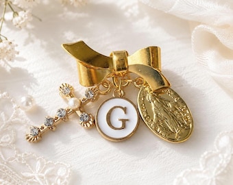 Personalized Baptism Pin, Catholic Baptism Gift for Baby Girl, Miraculous Medal Initial Pin, Goddaughter Christening Gift