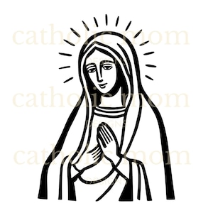 Zwart-witte Maagd Maria-illustraties, minimalistische moderne gezegende moeder Maria, katholieke pictogram digitale download SVG PNG JPG