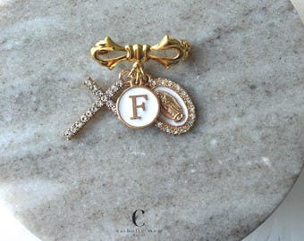 Baptism Gift for Girl Personalized Pin with Cross & Guadalupe Medal | Catholic Baby Keepsake Brooch for Gown, Goddaughter Gift