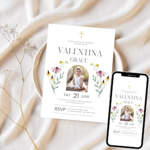 Wildflower Baptism Invitation Template | Printable Floral Invite for Girls Christening & Catholic Baptism Digital Evite