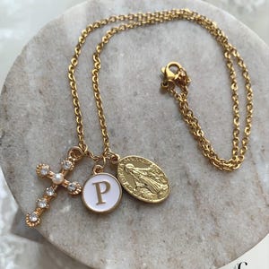 Catholic Girl Initial Necklace • Gold Miraculous Medal Kids Necklace • First Communion Cross Gift • Baptism Jewelry for Girls 16” Chain