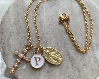 Catholic Girl Initial Necklace • Gold Miraculous Medal Kids Necklace • First Communion Cross Gift • Baptism Jewelry for Girls 16” Chain