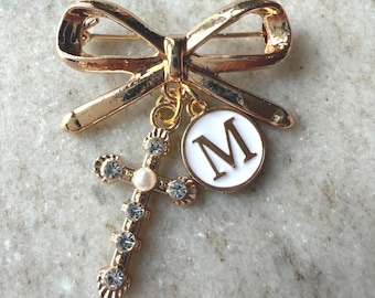 Personalized Baptism Pin, Christian Cross & Initial Gold Bow Christening Gift
