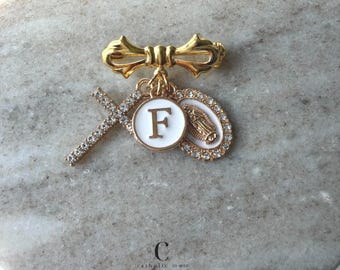 Catholic Baptism Pin for Baby | 18K Gold Plated Our Lady of Guadalupe Brooch with Cross | Godmother or Madrina Gift for Bautizo
