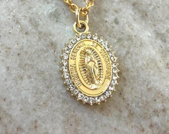 Catholic Necklace for Women, Gold Marian Necklace, Confirmation Gift, Our Lady of Guadalupe Pendant, Catholic Jewelry