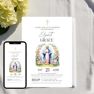 Uitnodiging doopsel Maagd Maria, bloemen digitale uitnodiging, aangepaste religieuze kaart voor meisjes, katholieke viering, Canva bewerkbaar 5 x 7 ontwerp
