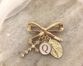 Catholic Godmother Gift | Personalized Baptism Thank You Pin with Miraculous Medal & Initial Keepsake