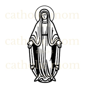 Clip art della Vergine Maria in bianco e nero per progetti artistici cattolici, immagine dell'icona della Beata Vergine per biglietti, progetti Cricut, arte della Madre Maria