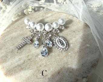 Catholic Bride Gift, Silver Bridal Bouquet Charm, Miraculous Medal Wedding Pin, Pearl Cross Brooch, Catholic Wedding Keepsake
