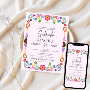 Spanish Baptism Invitations Girl, Canva Editable Floral Template, Digital Baptizo Invite, Catholic Customizable Baptism Card