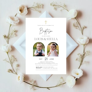 Baptism Invitation for Twins, Canva Editable Digital Template, Joint Sibling Christening Invite, Boy Girl Design