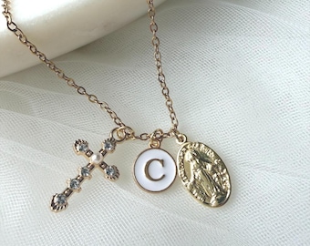Catholic Initial Necklace, Personalized Miraculous Medal Necklace, Gold Cross Christian Jewelry Gift for Women