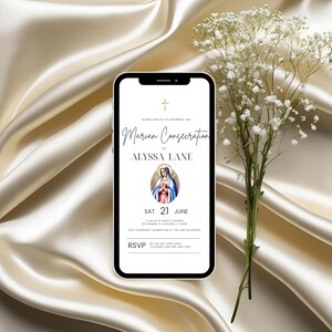 Invito digitale alla consacrazione mariana, invito cattolico, biglietto di preghiera, ricordo della Vergine Maria, regalo cattolico unico, medaglia miracolosa