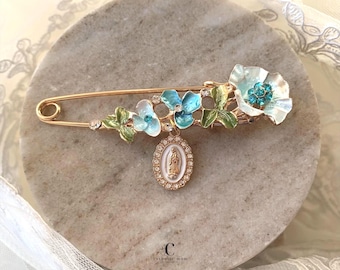 Blue Catholic Wedding Bouquet Pin – Something Blue Bridal Pin with Virgin Mary or Our Lady of Guadalupe• Bride Gift • Customizable Keepsake