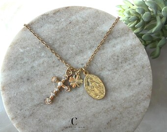 Irish Catholic Necklace with Miraculous Medal, Gold Cross and Shamrock Charm, Virgin Mary Jewelry, Catholic Mom Gift