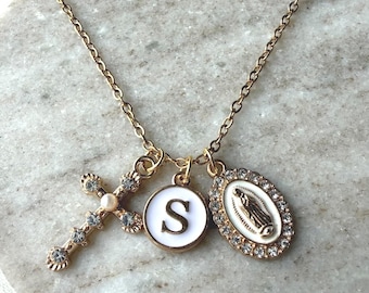 First Communion Gift for Girl | Personalized Catholic Necklace | Our Lady of Guadalupe Necklace | Cross Charm Initial Necklace