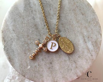 Personalized Kids Miraculous Medal Necklace • Catholic Initial Necklace • First Communion Gift for Girl • 16” Cross Pendant Baptism Jewelry