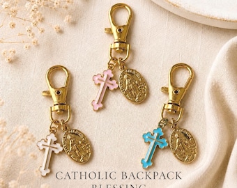 Catholic Backpack Blessing Keychain, Miraculous Medal & Cross Backpack Charm, Back to School Catholic Gift for Kids
