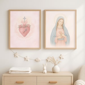 Virgin Mary Wall Art Bundle of 2 | Sacred Heart Totus Tuus Catholic Print Set | Pink Marian Watercolor Home Decor | 5 Sizes Included JPG Zip