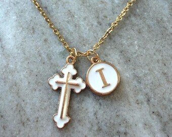 Personalized Catholic Cross Necklace, First Communion Gift for Girl, Initial Necklace, Confirmation Gift, Christian Jewelry