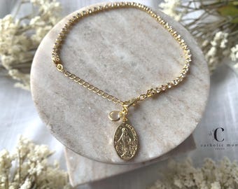 Marian Consecration Bracelet, Catholic Jewelry, Blessed Mother Gift, Virgin Mary Charm, 18K Gold Plated Tennis Miraculous Medal Chain