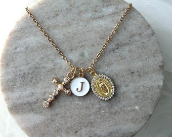 Baptism Gift for Girl Personalized Necklace with Cross & Our Lady of Guadalupe | Gold Initial Catholic Necklace for Women or Child 16"