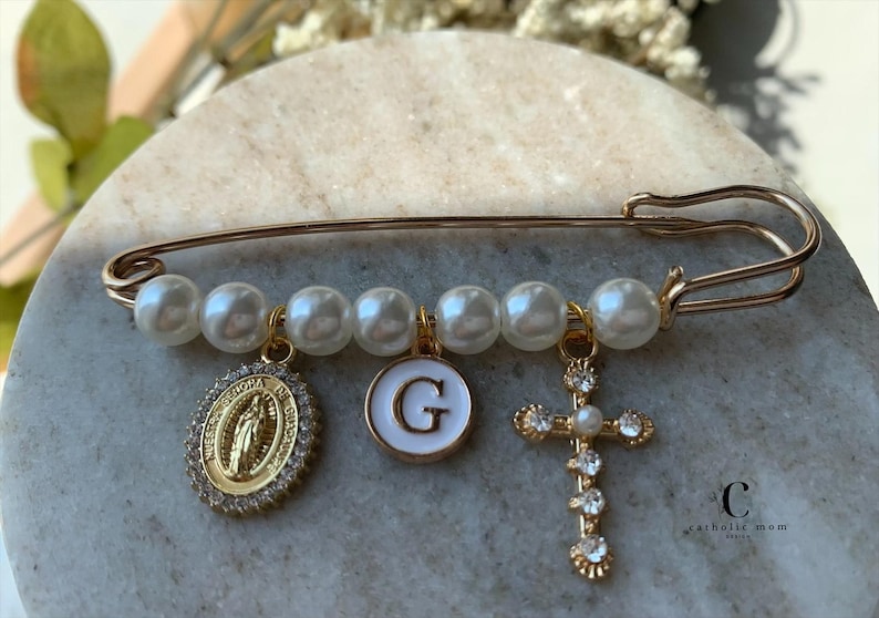 Gold Miraculous Medal Baptism Pin | Personalized Catholic Christening ...