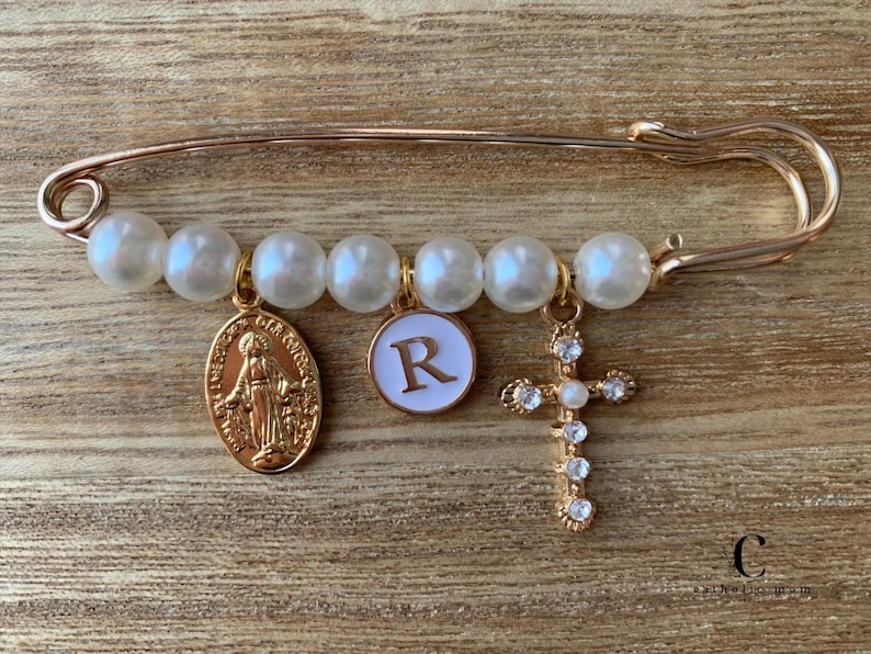Gold Pearl Miraculous Medal | Baptism Pin Personalized | Catholic Baby ...
