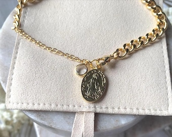 Gold Marian Consecration Bracelet womens, Cuban link Virgin Mary pendant, Catholic pro life jewelry for women gifts for sacrament