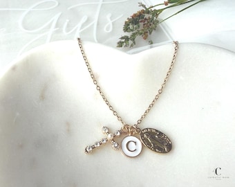 Goddaughter Catholic Necklace, Personalized Initial Necklace, Miraculous Medal Jewelry Gift for Girls