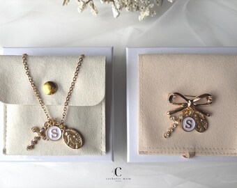 Catholic Baptism Gift Set for Girl, Personalized Goddaughter Necklace and Bow Pin Set, Miraculous Medal Jewelry