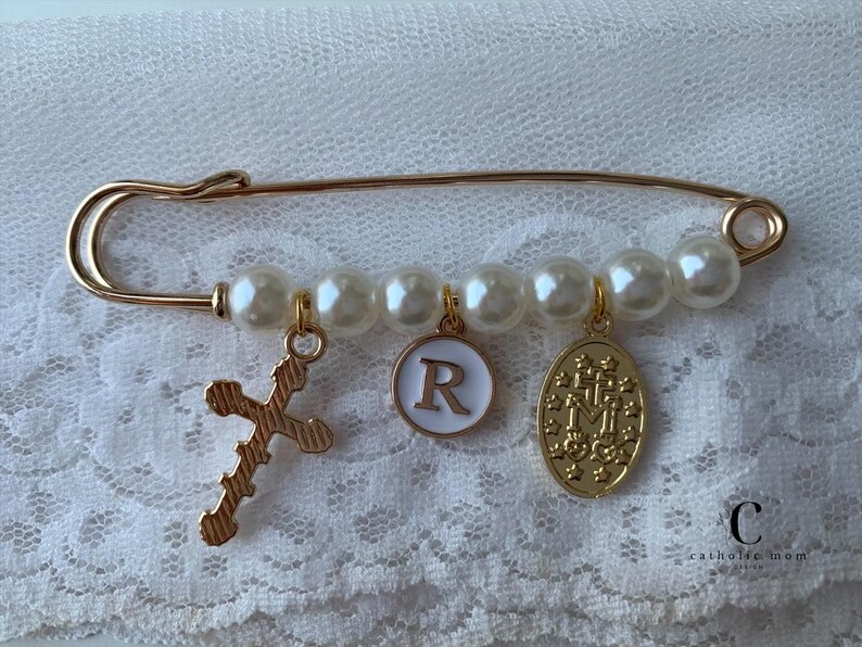 Gold Pearl Miraculous Medal | Baptism Pin Personalized | Catholic Baby ...