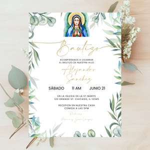 Green and Gold Guadalupe Baptizo Invite, Floral Catholic Customizable Digital Baptism Invitation, Canva Editable Template for Girls or Boys