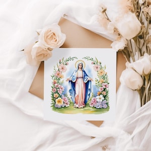 Etichetta regalo della Vergine Maria stampabile, 2,5" quadrati, download digitale, opera d'arte religiosa, etichette regalo cattoliche per battesimo, prima comunione, Pasqua